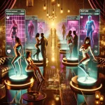 Rosasidan (Rosa Sodan) – Fast Hetare DALL·E 2025-02-12 10.58.27 – A futuristic and sensual online marketplace where people engage in flirtatious and mysterious interactions. The environment is illuminated with neon l